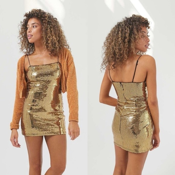 URBAN OUTFITTERS Gold Bodycon Sequin Jenny mini Dress Sparkle Size XS - Picture 1 of 14
